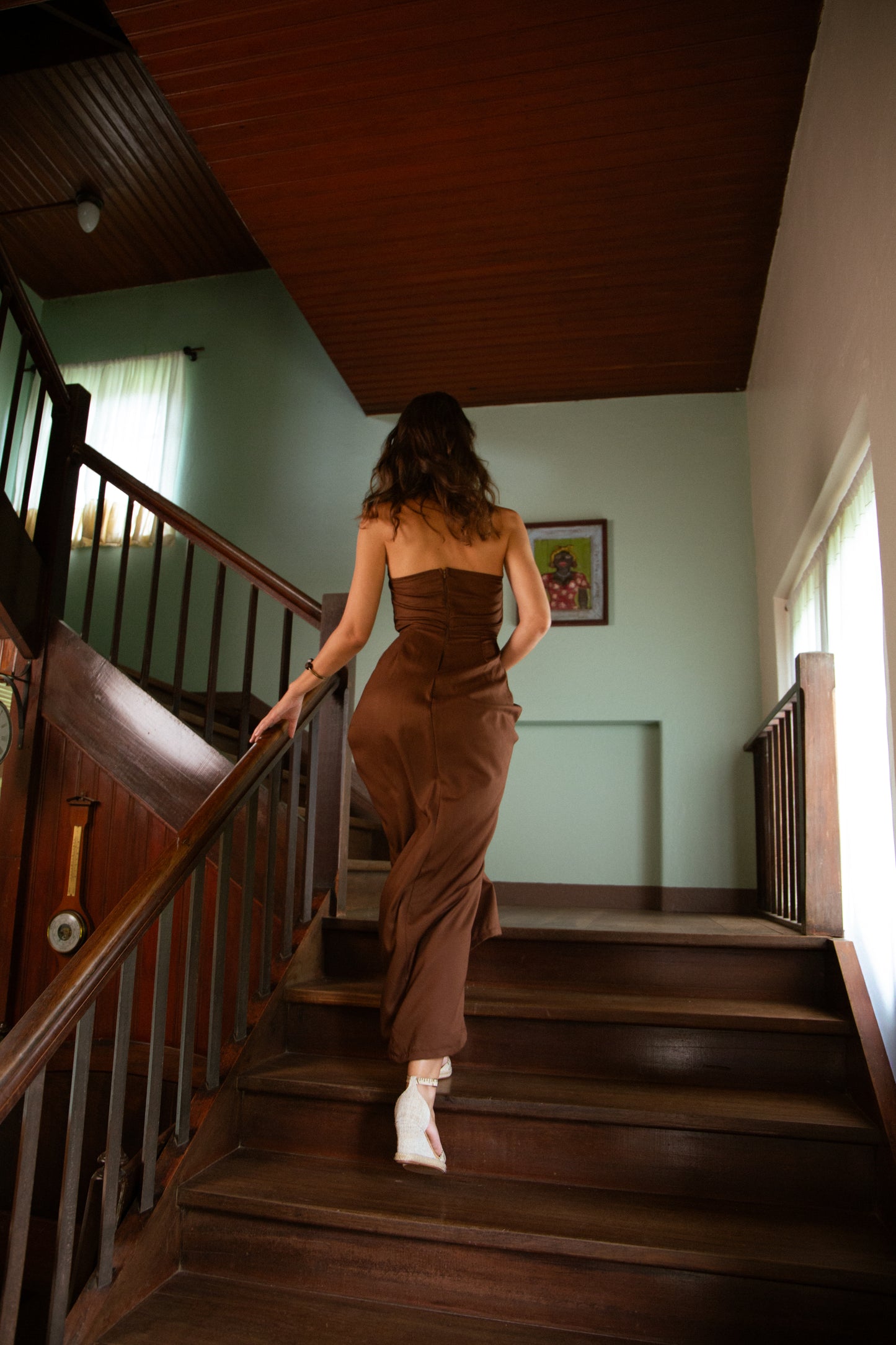 Vestido longo  frente única marrom café