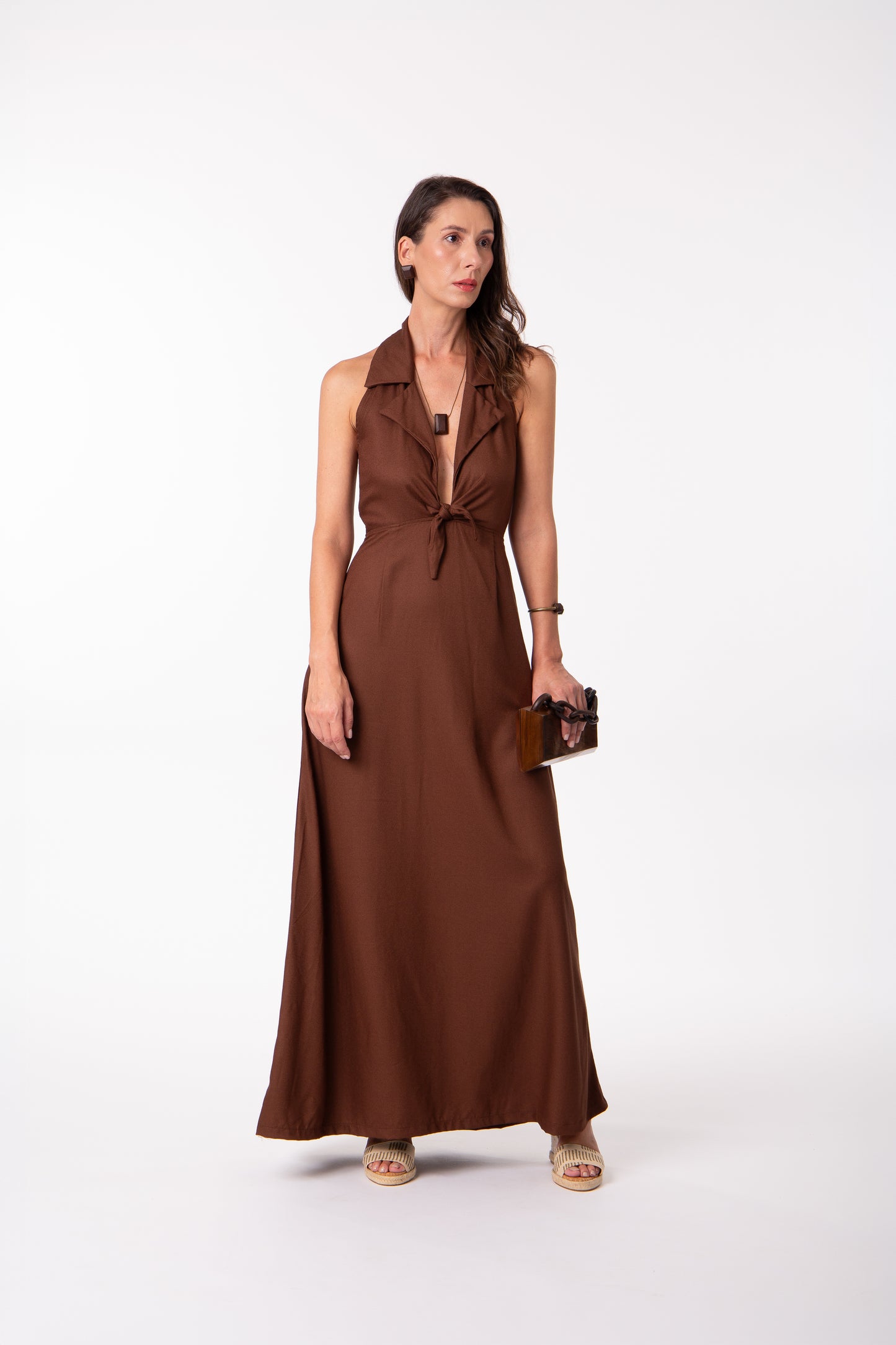 Vestido longo  frente única marrom café