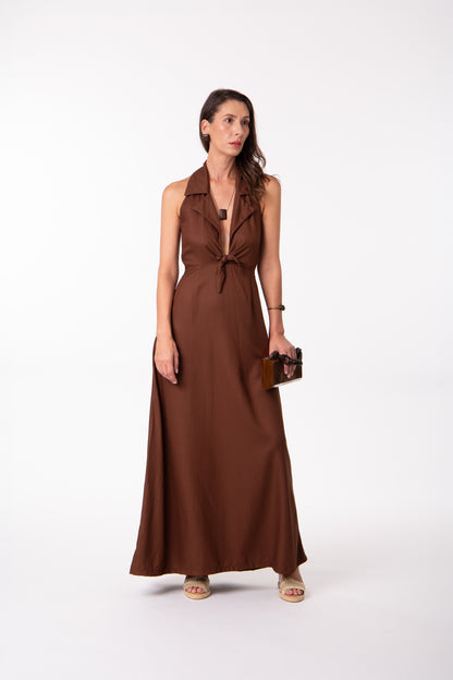 Vestido longo  frente única marrom café