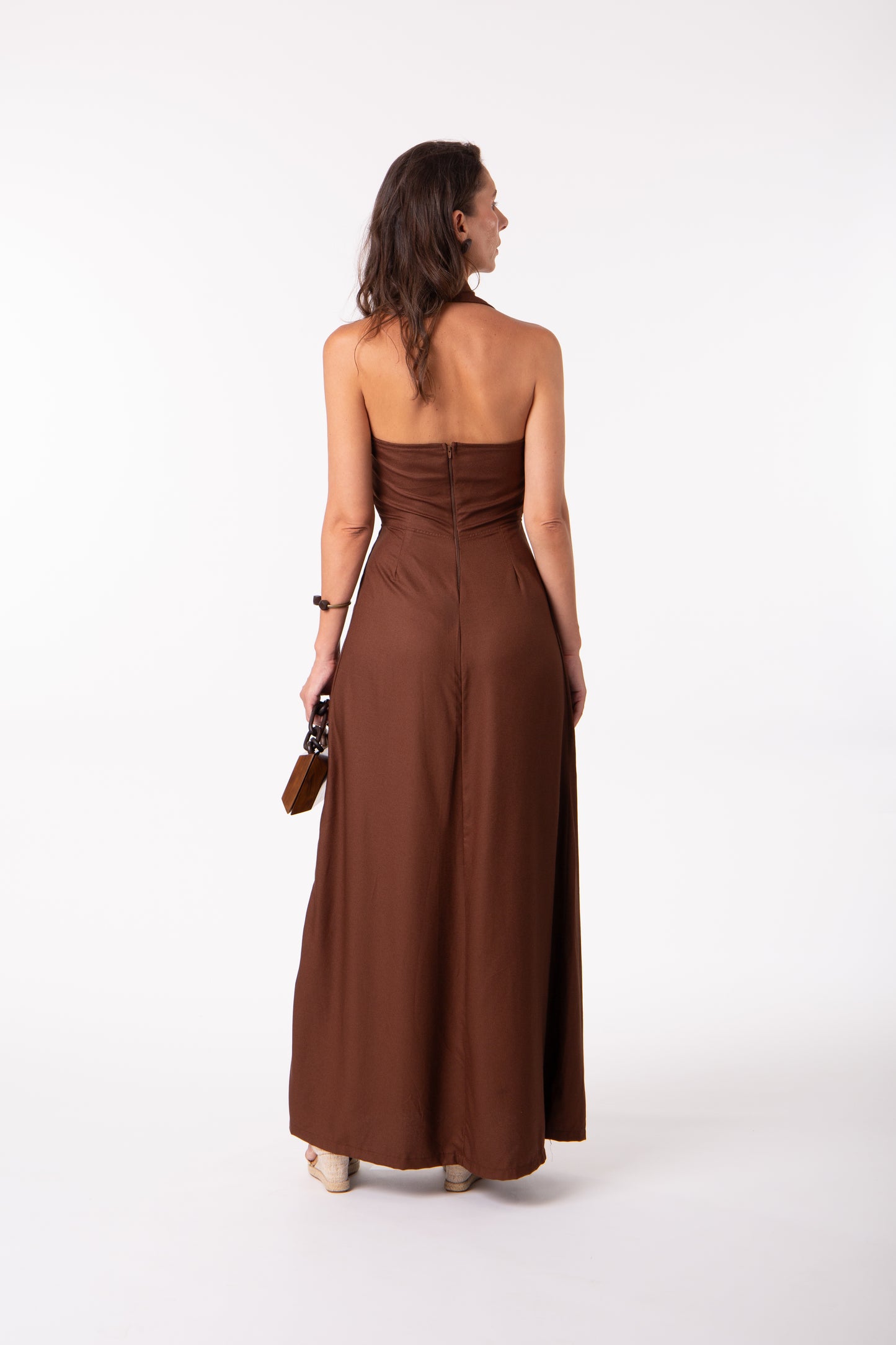 Vestido longo  frente única marrom café